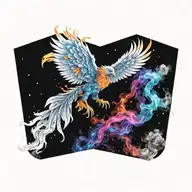 cosmic colorful majestic phoenix rising from ashes into  colorful  hyper realistic galaxy, gears  tattoo design idea
