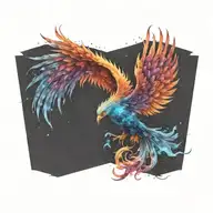 cosmic colorful majestic phoenix rising from ashes into  colorful  hyper realistic galaxy, gears  tattoo design idea