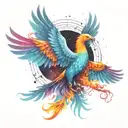 multicolor majestic phoenix rising into the colorful  hyper realistic Milky Way  galaxy of stars on fire tattoo design idea