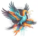 multicolor majestic phoenix rising into the colorful  hyper realistic Milky Way  galaxy of stars on fire tattoo design idea