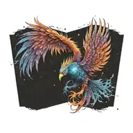 cosmic colorful majestic phoenix rising from ashes into  colorful  hyper realistic galaxy, gears  tattoo design idea