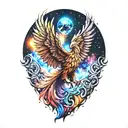 cosmic majestic phoenix rising from ashes into  colorful galaxy space of stars on fire davinci Machinery tattoo design idea