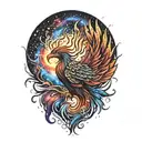 cosmic majestic phoenix rising from ashes into  colorful galaxy space of stars on fire davinci Machinery tattoo design idea