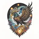 cosmic majestic phoenix rising from ashes into  colorful galaxy space of stars on fire davinci Machinery tattoo design idea
