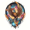 cosmic majestic phoenix rising from ashes into  colorful galaxy space of stars on fire davinci Machinery tattoo design idea