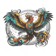 cosmic colorful majestic phoenix rising from ashes into  colorful  hyper realistic space galaxy, gears, stars tattoo design idea