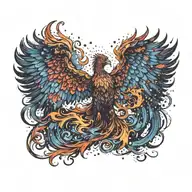 cosmic majestic phoenix rising from ashes into  colorful galaxy space of stars on fire davinci Machinery tattoo design idea