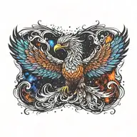 cosmic majestic phoenix rising from ashes into  colorful galaxy space of stars on fire davinci Machinery tattoo design idea
