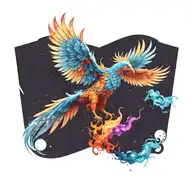 cosmic colorful majestic phoenix rising from ashes into  colorful  hyper realistic galaxy, gears  tattoo design idea