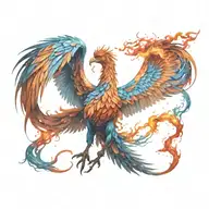 cosmic colorful majestic phoenix rising from ashes into  colorful  hyper realistic galaxy, engineered  tattoo design idea