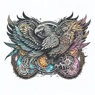cosmic colorful majestic phoenix rising from ashes into  colorful  hyper realistic space galaxy, gears, stars tattoo design idea