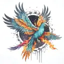 multicolor phoenix rising into the colorful realistic Milky Way  galaxy of stars on fire more colors  tattoo design idea