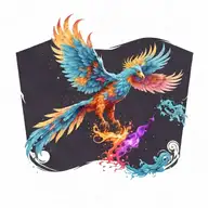 cosmic colorful majestic phoenix rising from ashes into  colorful  hyper realistic galaxy, gears, stars tattoo design idea