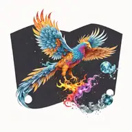 cosmic colorful majestic phoenix rising from ashes into  colorful  hyper realistic galaxy, gears, stars tattoo design idea