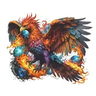 cosmic colorful majestic phoenix rising from ashes into  colorful  hyper realistic galaxy, engineered  tattoo design idea