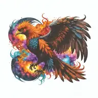 cosmic colorful majestic phoenix rising from ashes into  colorful  hyper realistic galaxy, engineered  tattoo design idea