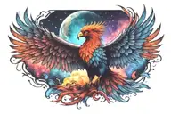 cosmic colorful majestic phoenix rising from ashes into  colorful  hyper realistic space galaxy, engineered stars tattoo design idea