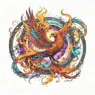 cosmic colorful majestic phoenix rising from ashes into  colorful  hyper realistic space galaxy, gears, stars tattoo design idea
