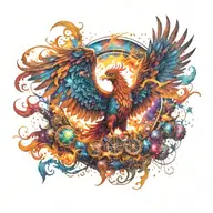 cosmic colorful majestic phoenix rising from ashes into  colorful  hyper realistic space galaxy, gears, stars tattoo design idea
