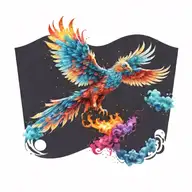 cosmic colorful majestic phoenix rising from ashes into  colorful  hyper realistic galaxy, gears, stars tattoo design idea