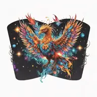 cosmic colorful majestic phoenix rising from ashes into  colorful  hyper realistic space galaxy, gears, stars tattoo design idea