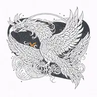 cosmic colorful majestic phoenix rising from ashes into  colorful  hyper realistic space galaxy, gears, stars tattoo design idea