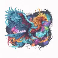 cosmic colorful majestic phoenix rising from ashes into  colorful  hyper realistic galaxy, engineered  tattoo design idea