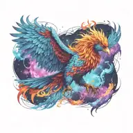 cosmic colorful majestic phoenix rising from ashes into  colorful  hyper realistic galaxy, engineered  tattoo design idea