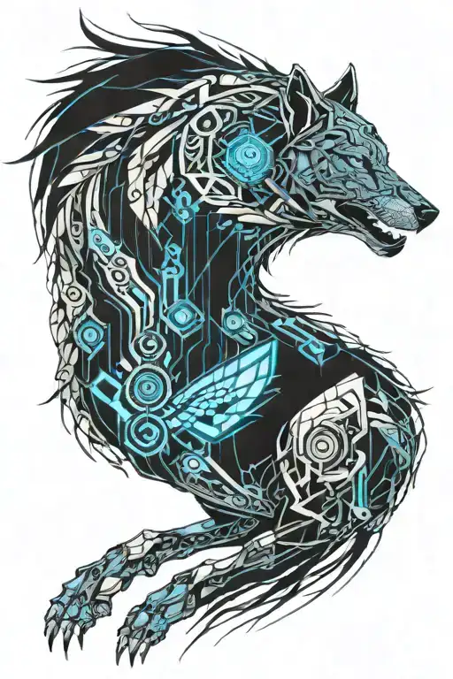 wolf woman blue wings tattoo design idea