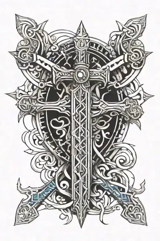half cross, half sword wrapped tattoo design idea