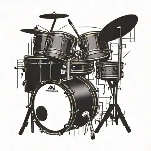 A drum kit morphing into a disc golf basket surrounded by musical notes tattoo design idea