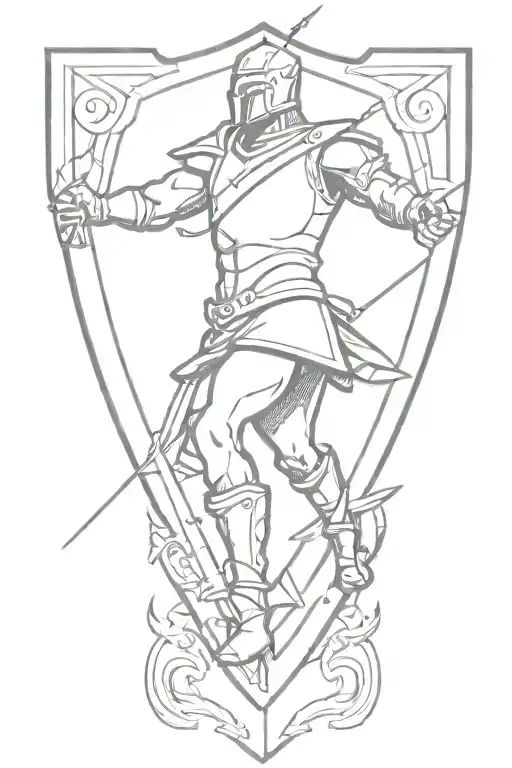 Sketch of a shield with a fierce Aries warrior battling in a war scene tattoo design idea
