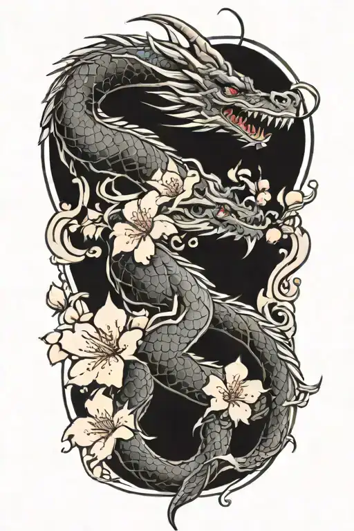 dragon with cherry blossoms tattoo design idea