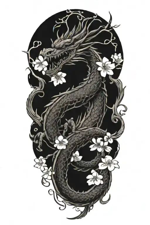 brush dragon with cherry blossoms falling tattoo design idea
