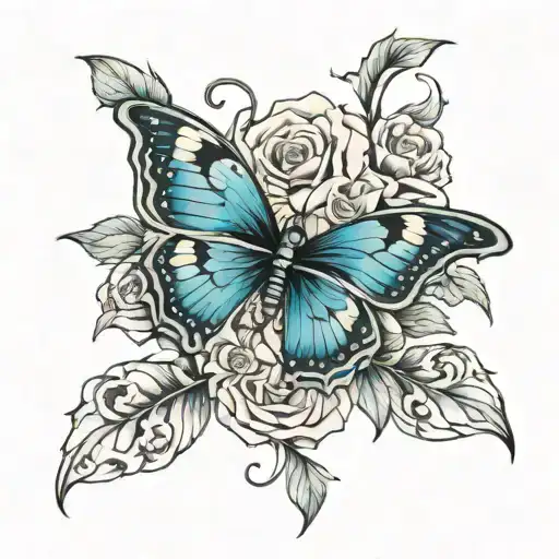 Nightshade flower with a blue butterfly with skulls on the wings tattoo design idea