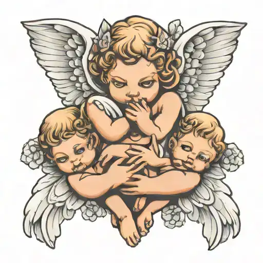 hands holding 3 baby angels tattoo design idea