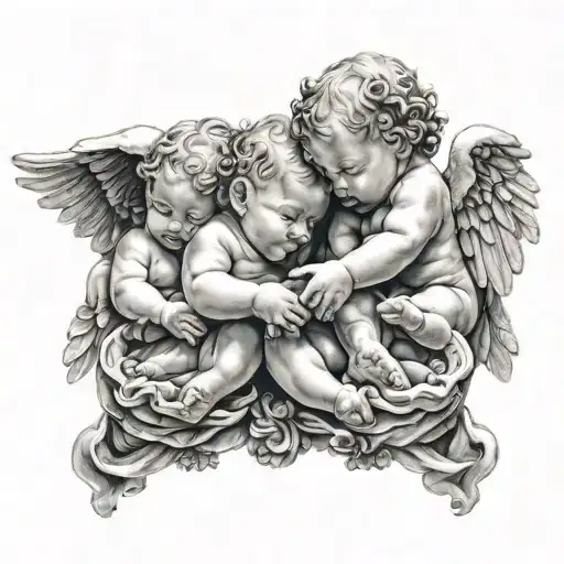 hands holding 3 baby angels tattoo design idea