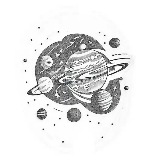 A space-themed tattoo featuring planets and stars with a dark, mysterious vibe tattoo design idea