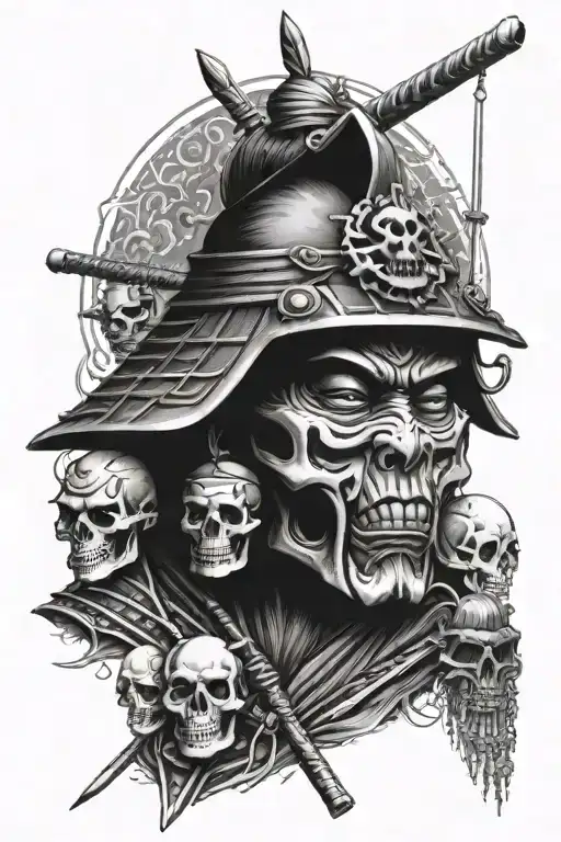 Japanese samurai with a skull face  tattoo design idea