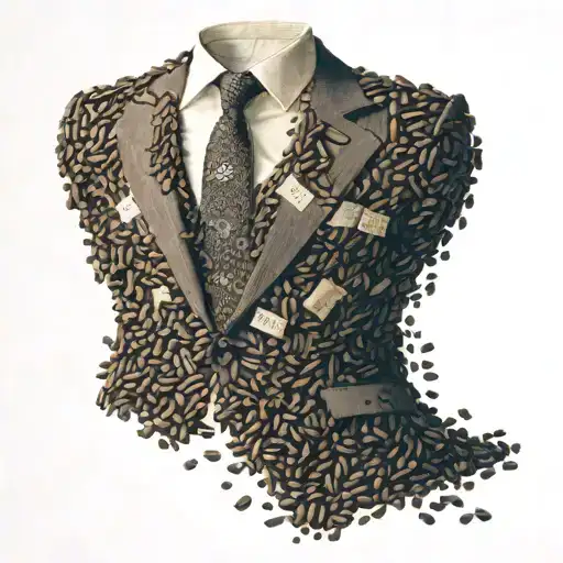 A business suit made out of coffee beans with movie tickets as the tie tattoo design idea