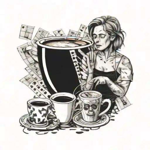 A motherly figure surrounded by film strips and coffee mugs tattoo design idea