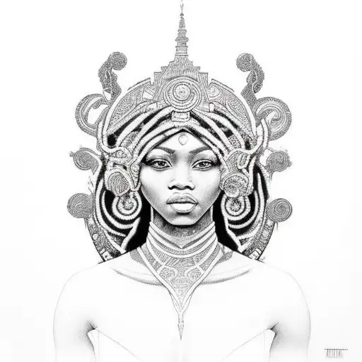 A powerful goddess figure with intricate patterns and symbols representing black girl empowerment tattoo design idea