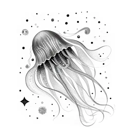 A stunning jellyfish gracefully swimming in a cosmic ocean filled with galaxies and stars tattoo design idea