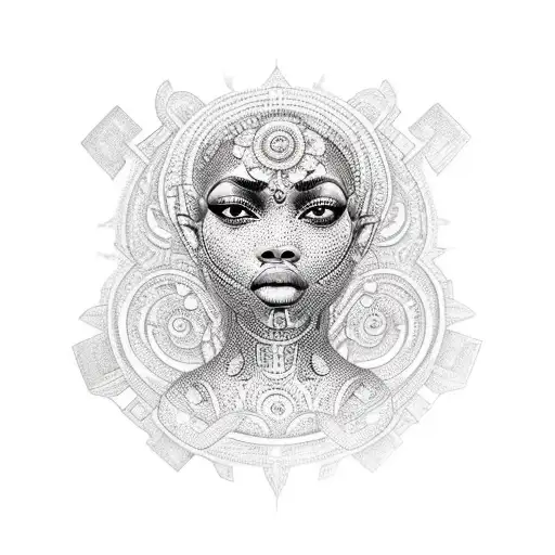 A powerful goddess figure with intricate patterns and symbols representing black girl empowerment tattoo design idea