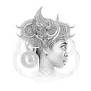 A powerful goddess figure with intricate patterns and symbols representing black girl empowerment tattoo design idea