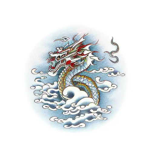 japanese tattoo temple with dragon around the temple. The temple is on the clouds and cherry flowers are floating on the tattoo design idea