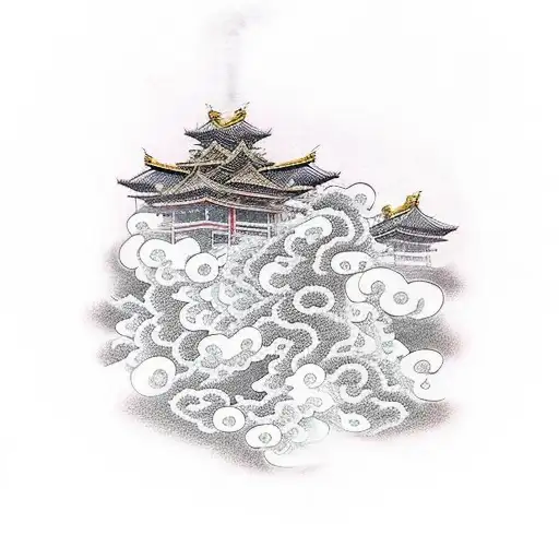 japanese tattoo temple with dragon around the temple. The temple is on the clouds and cherry flowers are floating on the tattoo design idea