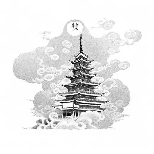 japanese tattoo temple with dragon around the temple. The temple is on the clouds and cherry flowers are floating on the tattoo design idea