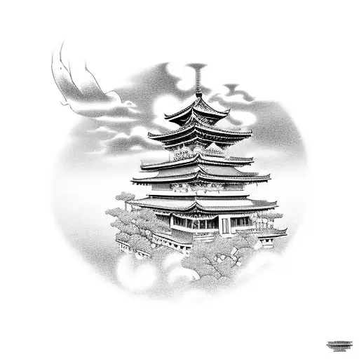 japanese tattoo temple with dragon around the temple. The temple is on the clouds and cherry flowers are floating on the tattoo design idea