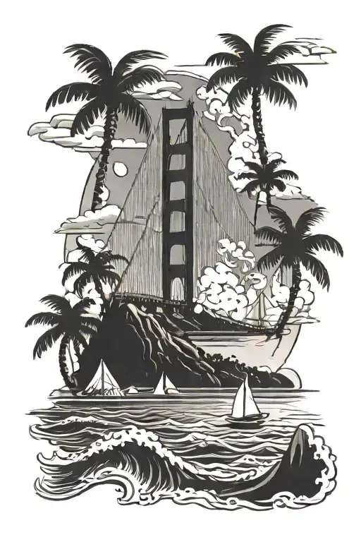 golden gate bridge and miami beach and island of the sun and the moon tattoo design idea